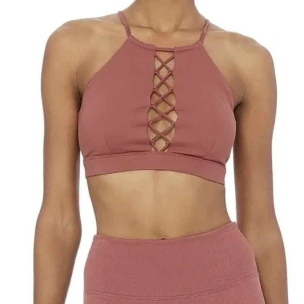 ALO Yoga Starlet Lace Up Front Bra Halter High Neck Earth Strappy Size Small